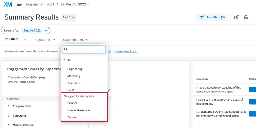 filtering a dashboard by department