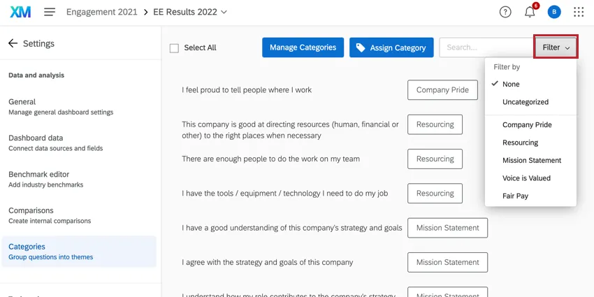 the filter at the top of the categories page
