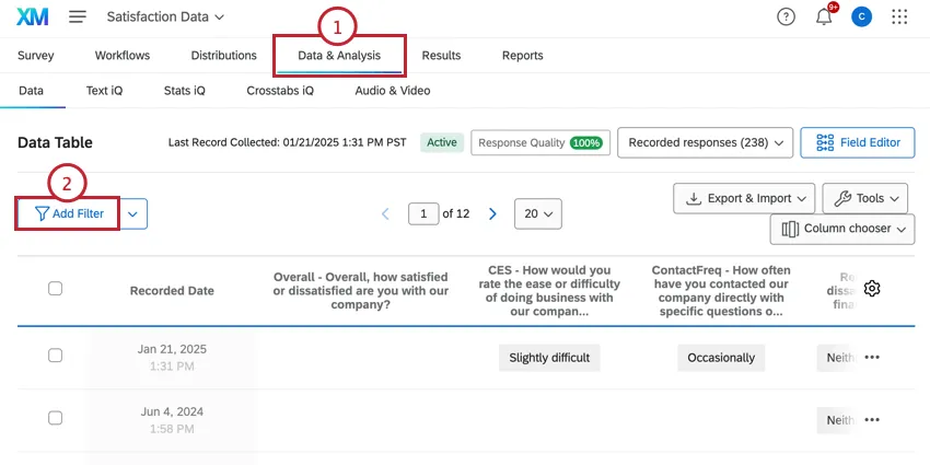 in the data and analysis tab, adding a filter