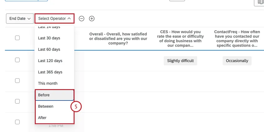 choosing "before" "between" or "after" for the operator