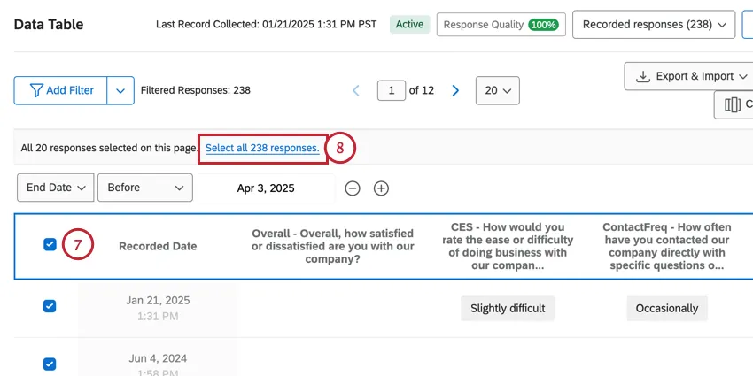 selecting all responses that fit the filter
