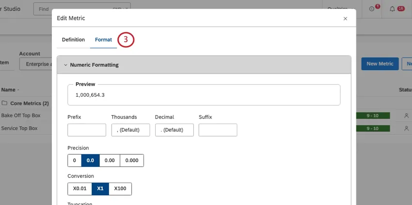 format tab of a filtered metric