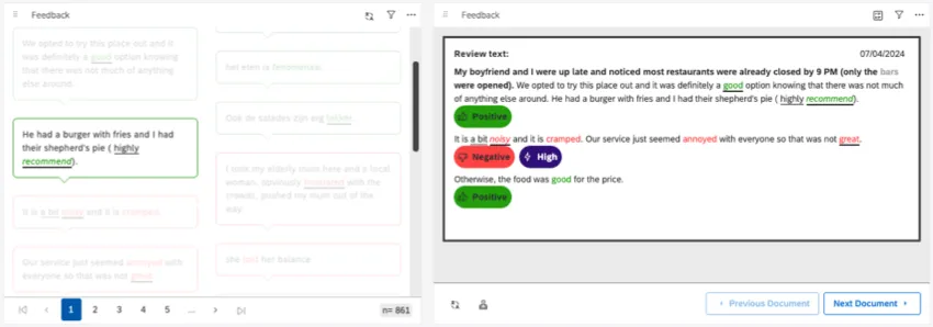 Chat bubble style widget on left, bubble clicked, filtering document style widget on right