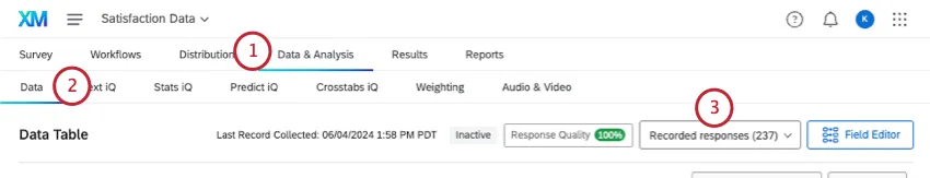 showing the tabs to navigate to before you can filter responses