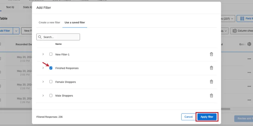 new window where you check off filters you want to apply