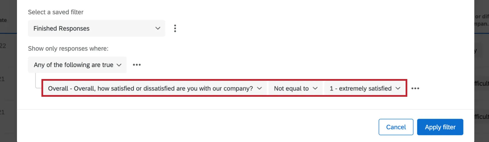 a filter built out with conditions