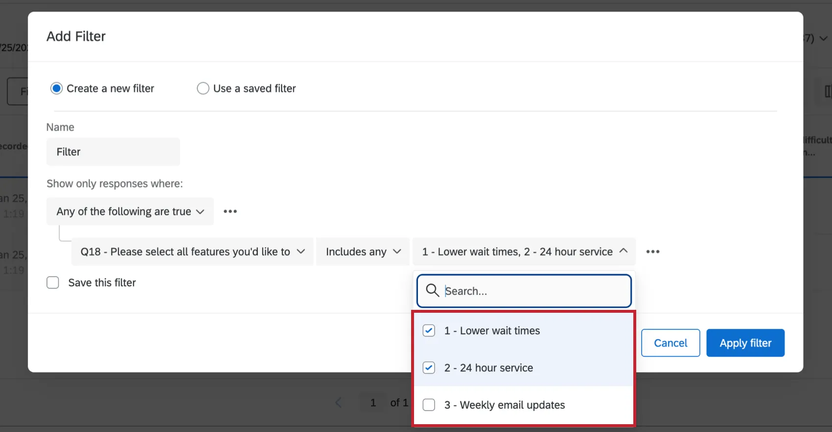 Filter that includes one of many selections from a multiple choice question