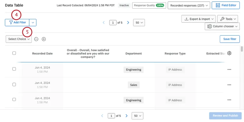 add filter button and new dropdown that says select choice