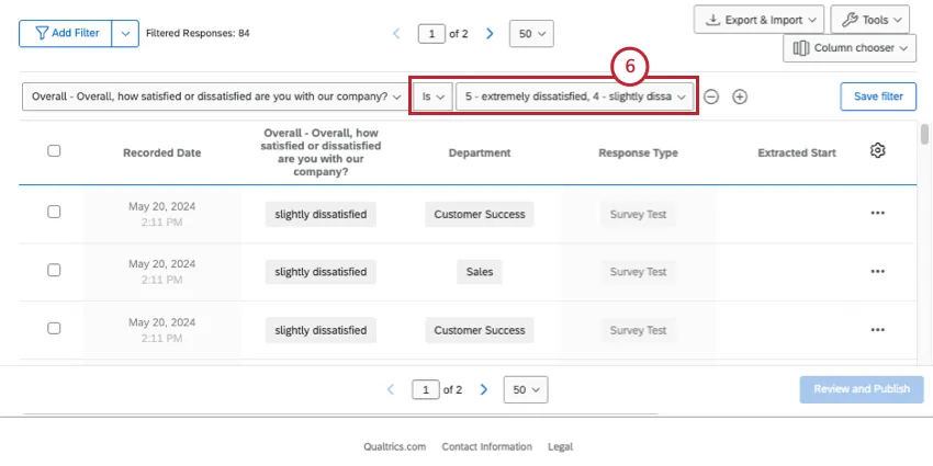 Filtrar por nivel de satisfacción y ver el cambio en las respuestas a continuación