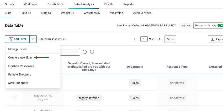 clicking the arrow then highlighting the create a new filter option