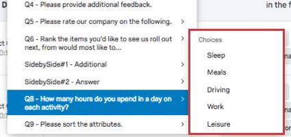 Choix à sélectionner pour un filtre d’une question matrice