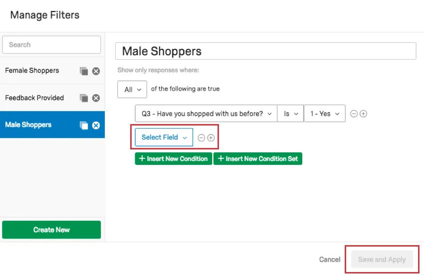 selecting a field in the manage filters window