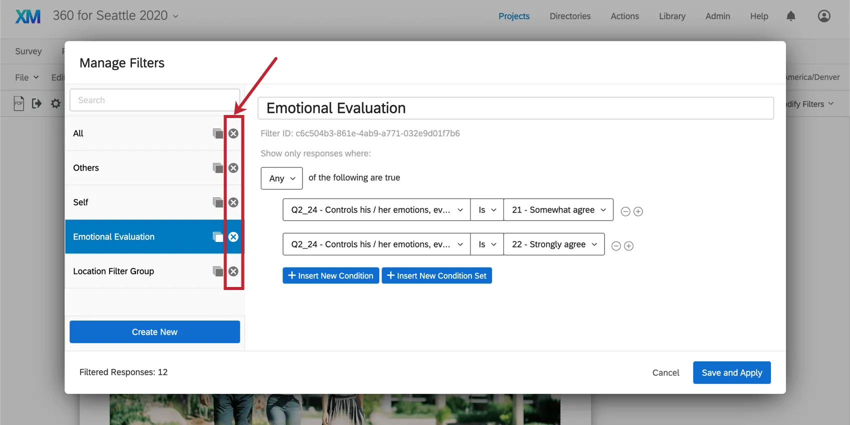 icône de suppression dans la fenêtre Manage Filters (Gestion des filtres)
