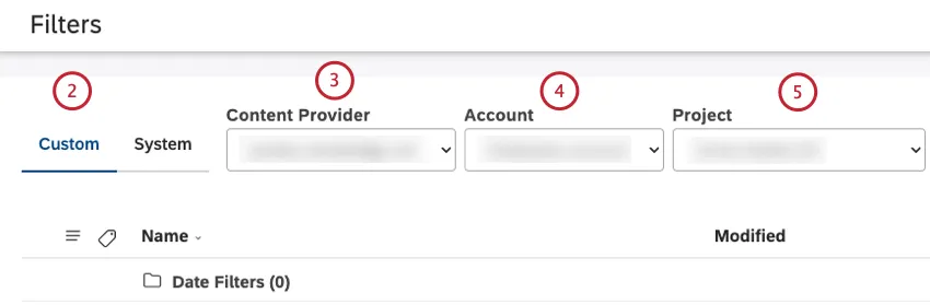 Wählen Sie die Registerkarte Benutzerdefiniert. Wählen Sie den Content-Provider, Benutzerkonto und das Projekt aus.