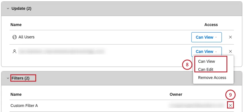 When you share multiple filters, all the filters selected for sharing are listed in the Filters section of the Share Filters window. You can remove a filter by clicking the x button next to the filter owner’s name.