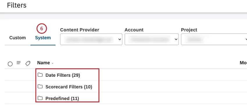 Access filters in the System tab