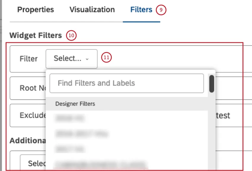 Per applicare filtri predefiniti, salvati o ad hoc, selezionare la scheda Filtri. Nella sezione Filtri widget, è possibile selezionare fino a 5 filtri predefiniti o salvati dal menu Filtro.