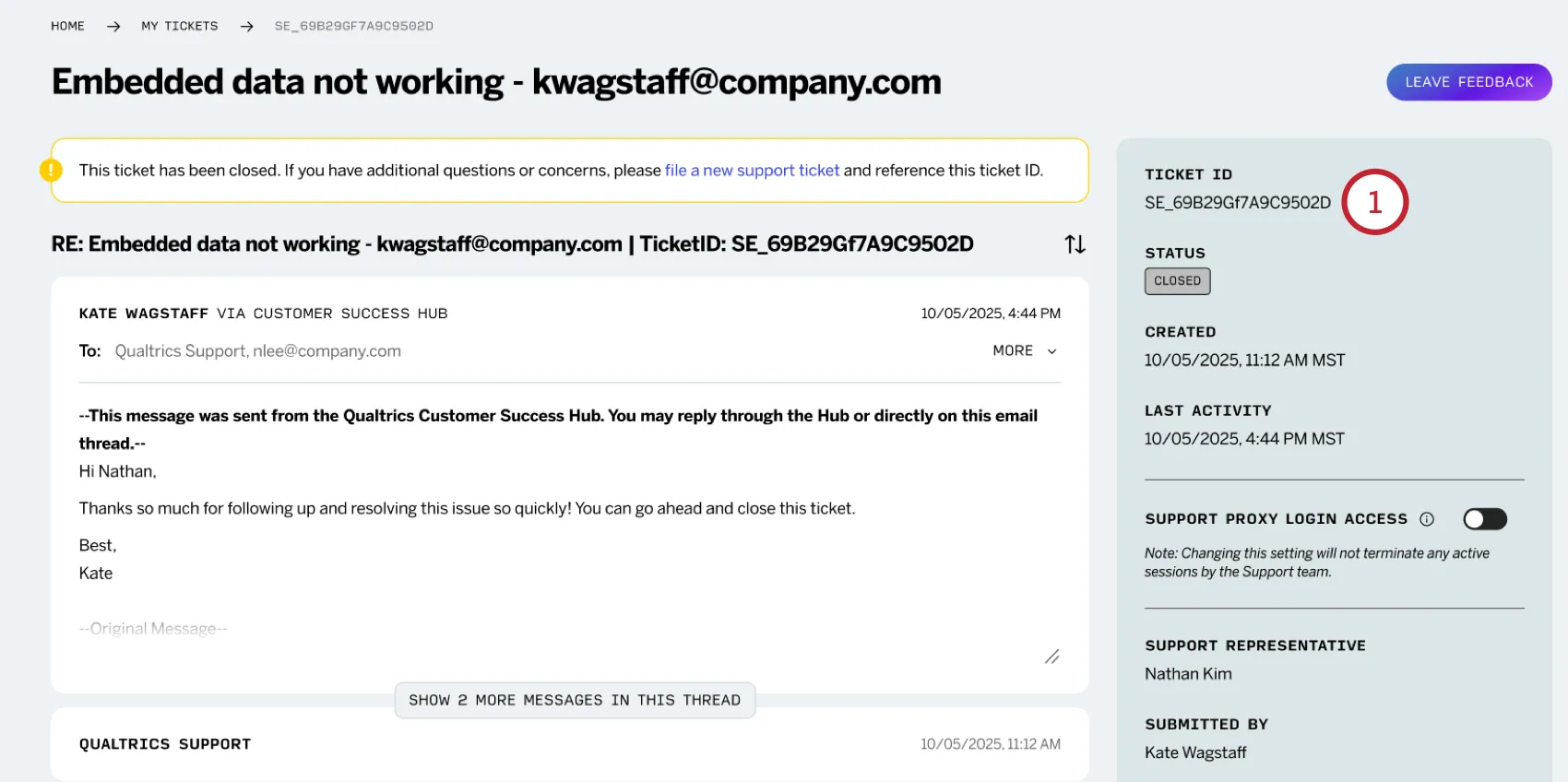 finding the support ticket ID in the email subject line