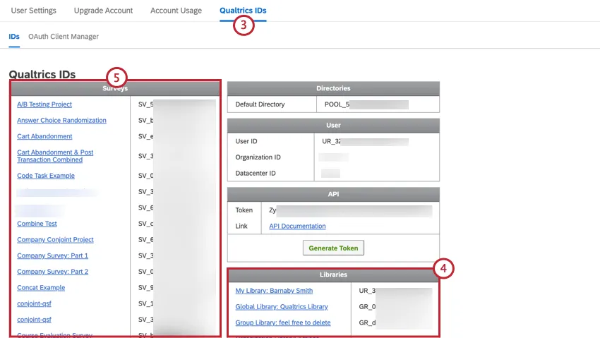 navigating to qualtrics ids and viewing the different ids
