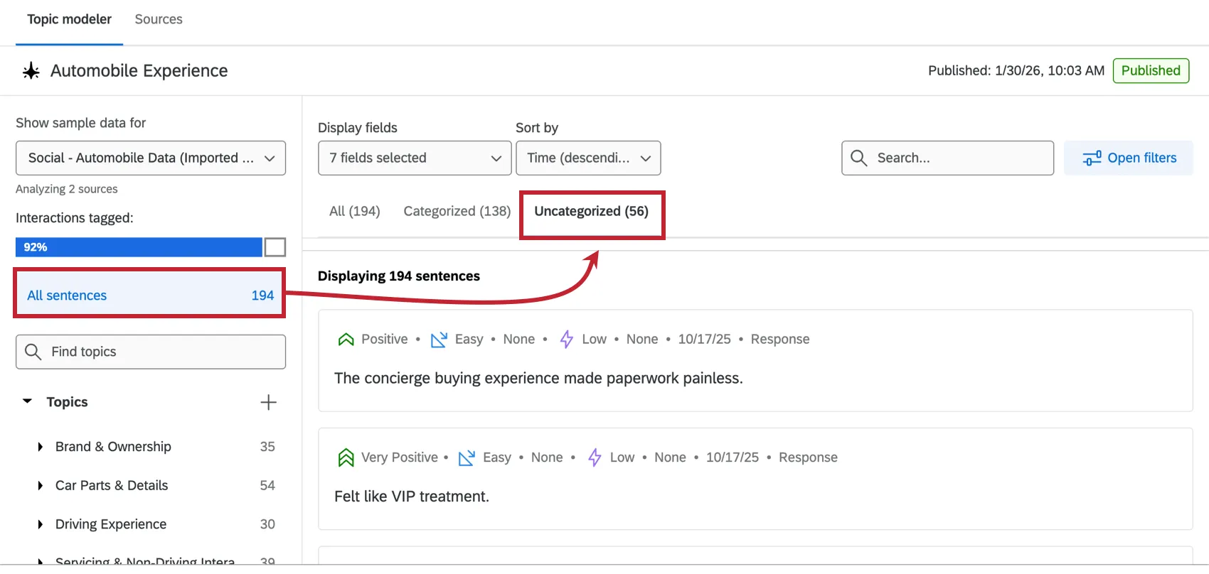 Visualisation des phrases non catégorisées