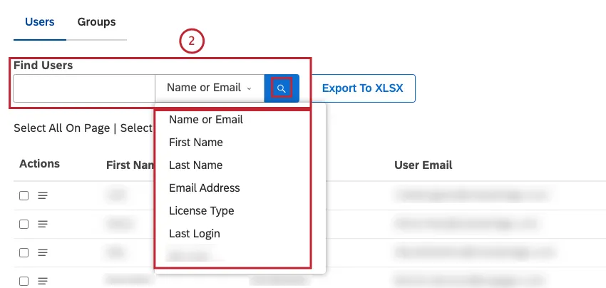 Find Users（ユーザー検索）ボックスに以下のオプションを入力し、メニューから該当するオプ ションを 1 つ選択して、ユーザーを検索します。