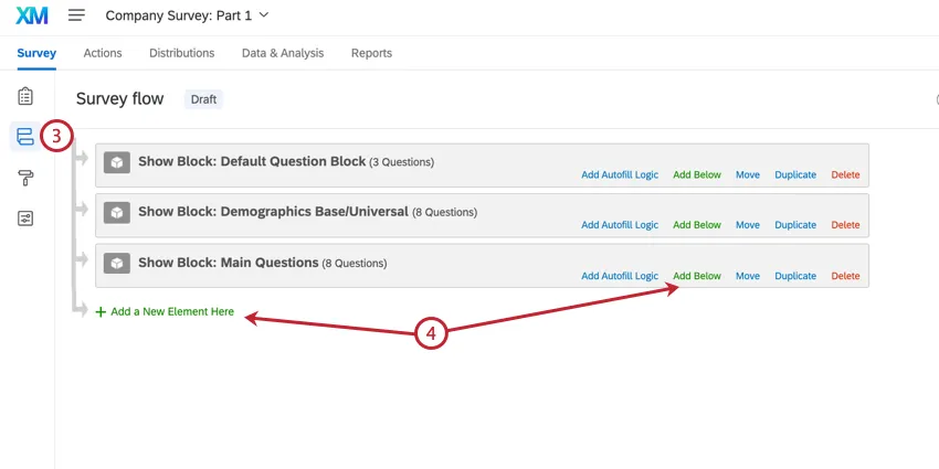 navigating to survey flow and clicking add a new element here
