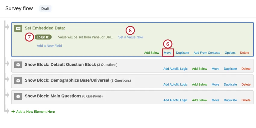 moving the embedded data element to the top of the flow, and adding login ID