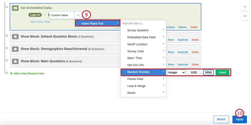 para o valor da ID de login, usando o menu texto transportado para inserir um número aleatório
