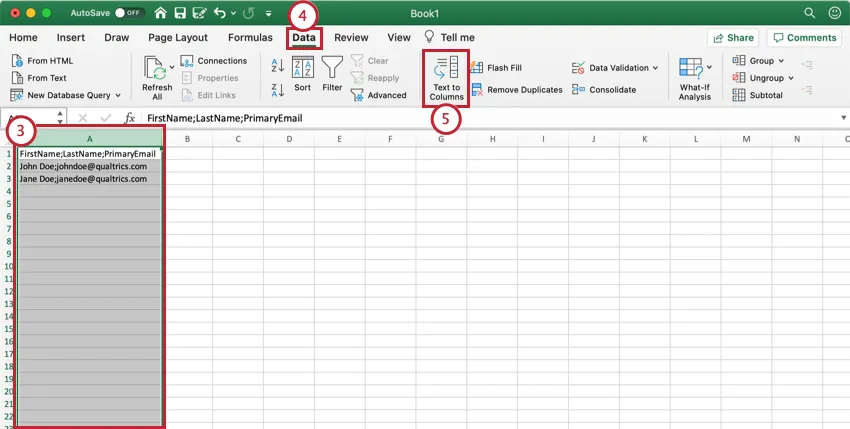 Data within one column separated by semicolons. First column is highlighted. Up top in navigation ribbon, look for Data. Below that, off to the right, the text and columns button