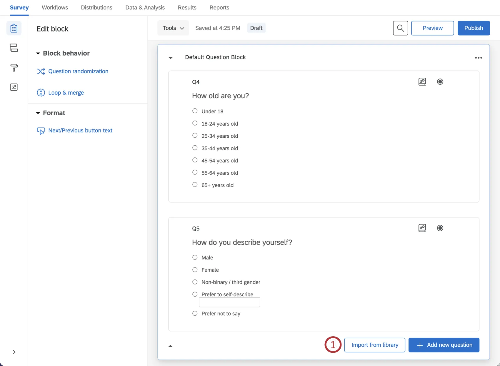 Option Aus bibliothek importieren“ im Umfragen-Builder