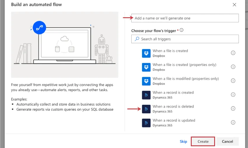 Build an automated flow window. image and instructions to left, steps described on the right of the window going down the line