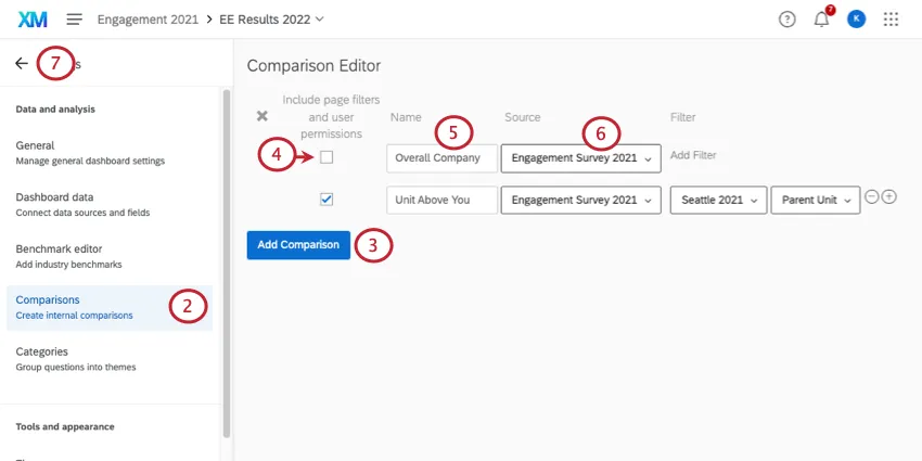 Comparisons section of dashboard settings.