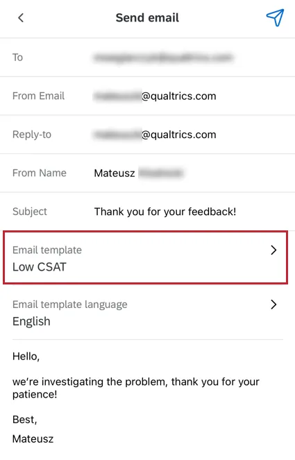 Bild des Bildschirms eines Telefons in der XM, wobei eine Follow-up abgerufen wird. Es gibt ein Feld für die E-Mail-Vorlage.