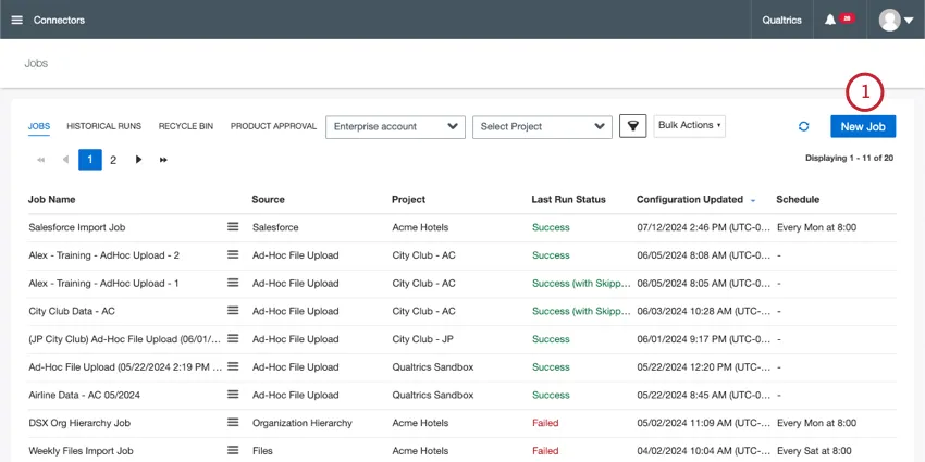new job button in upper-right of connectors jobs page