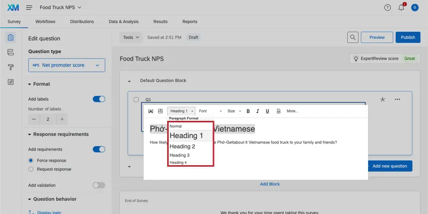 Format dropdown menu is opened, revealing the options for multiple heading and paragraph styles