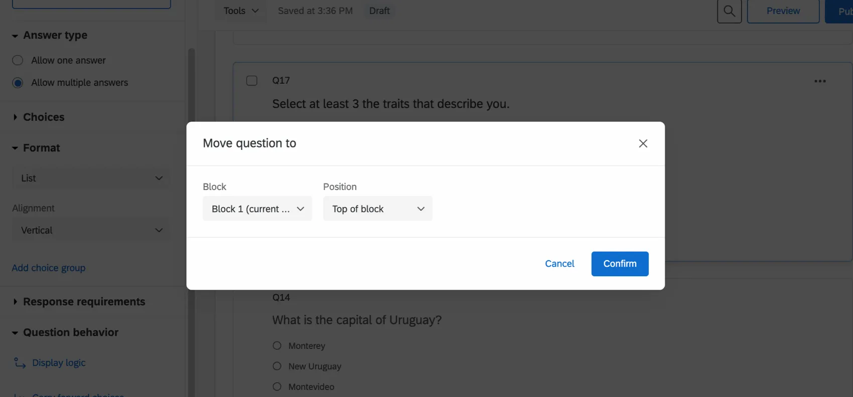 質問を移動するときに開くウィンドウ - ブロックを選択するためのフィールドと質問の移動方法。