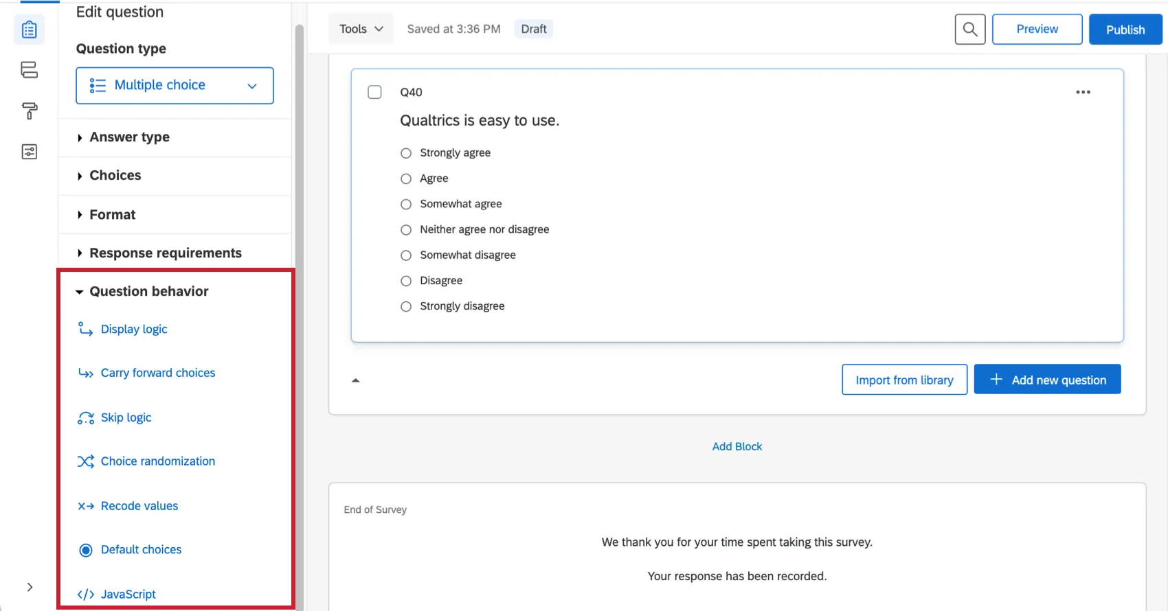 Clicking a question, menu appears to left. Question behavior is at the bottom