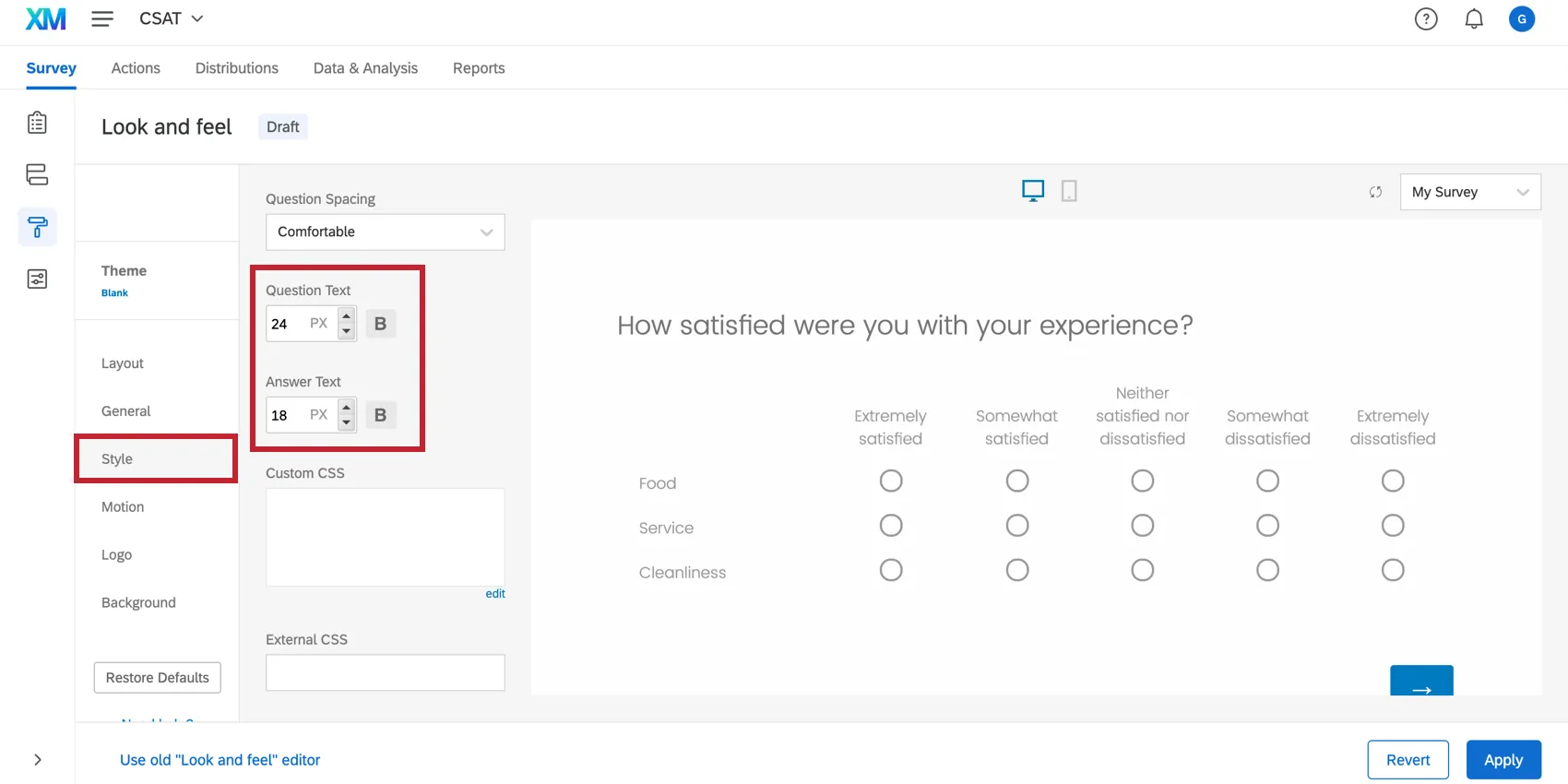 Texto da pergunta o tamanho do texto no menu Visual