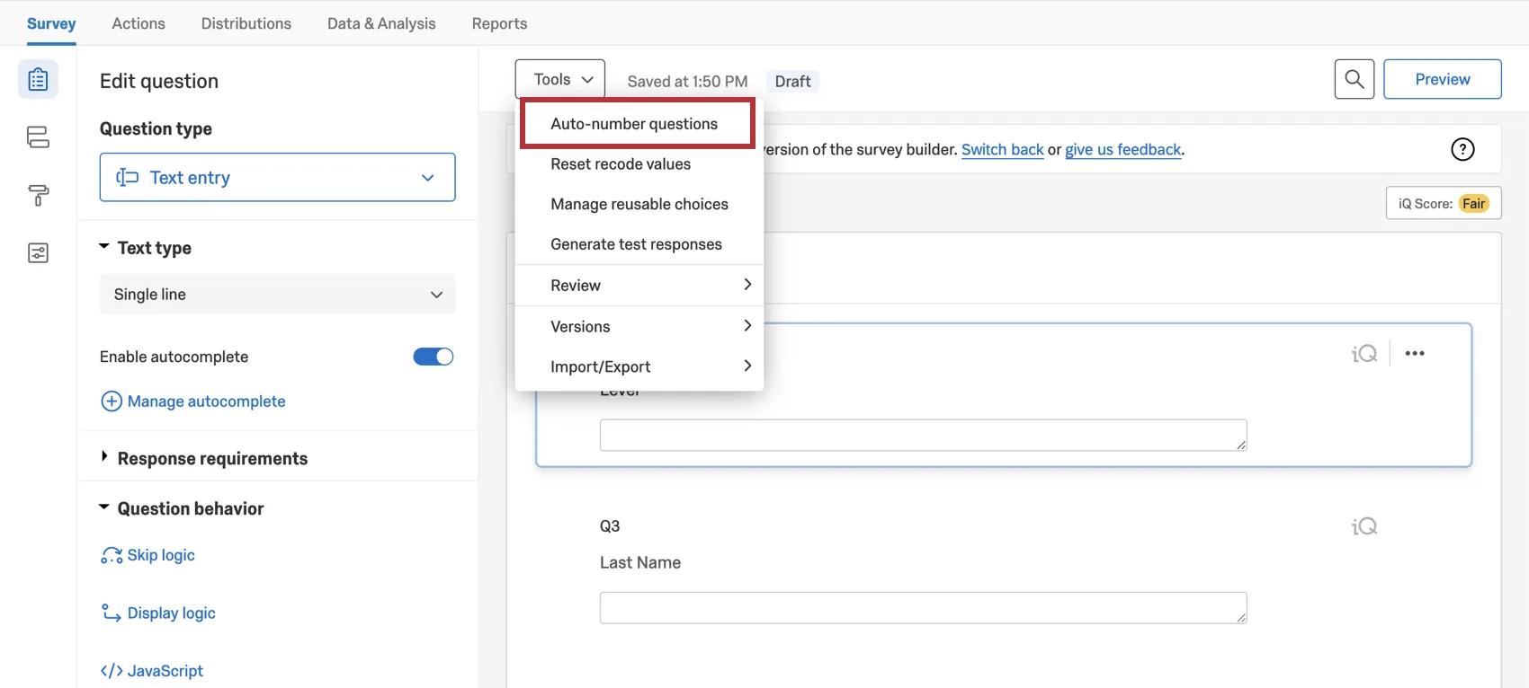 Bouton Outils en haut du générateur ; option de numérotation automatique en premier