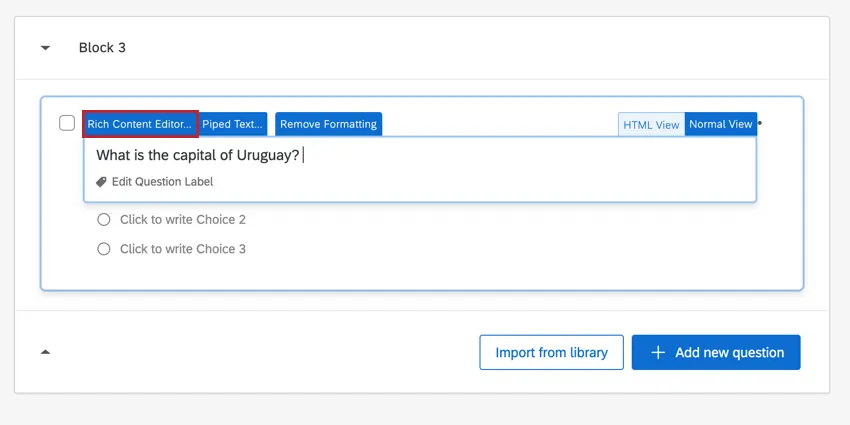 La scheda Editor per contenuti avanzati è la prima delle schede blu che appaiono quando si fa clic sul testo della domanda