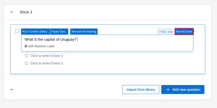 Normale Registerkarte ist die letzte der blauen Registerkarten, die angezeigt wird, wenn Sie in Fragetext klicken; wird ganz rechts angezeigt