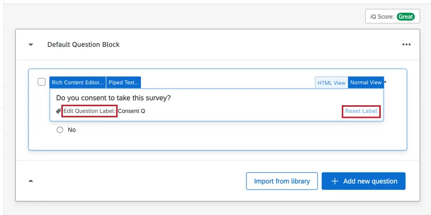 Clicking into a question, along the bottom is grayed out text where you can add a question label