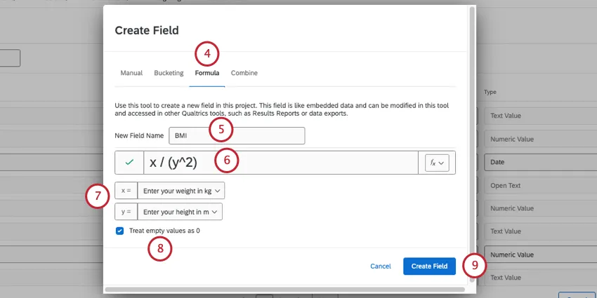new window where you configure your formula