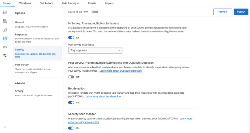 Survey options, security section, with the settings described enabled