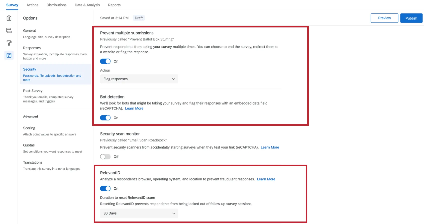 Sección de seguridad de la Encuesta con las opciones descritas en el siguiente párrafo enumeradas