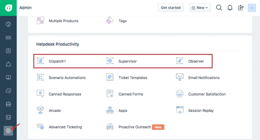 Drei verschiedene Optionen oben im Helpdesk-Produktionsbereich, wenn Sie auf das Admin-Zahnrad in der Randleiste auf der linken Seite geklickt haben