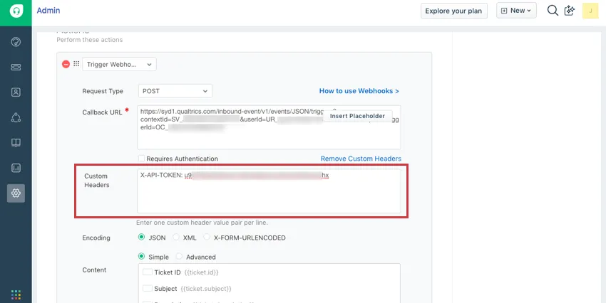 Im benutzerdefinierten Header-Feld steht X-API-TOKEN: und dann ein verschwommenes API-Token.