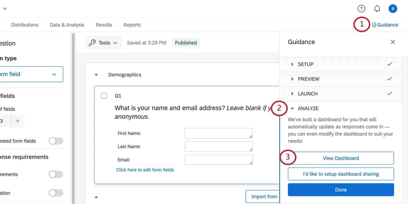 the guidance panel with the analyze section open. click view dashboard to open the dashboard