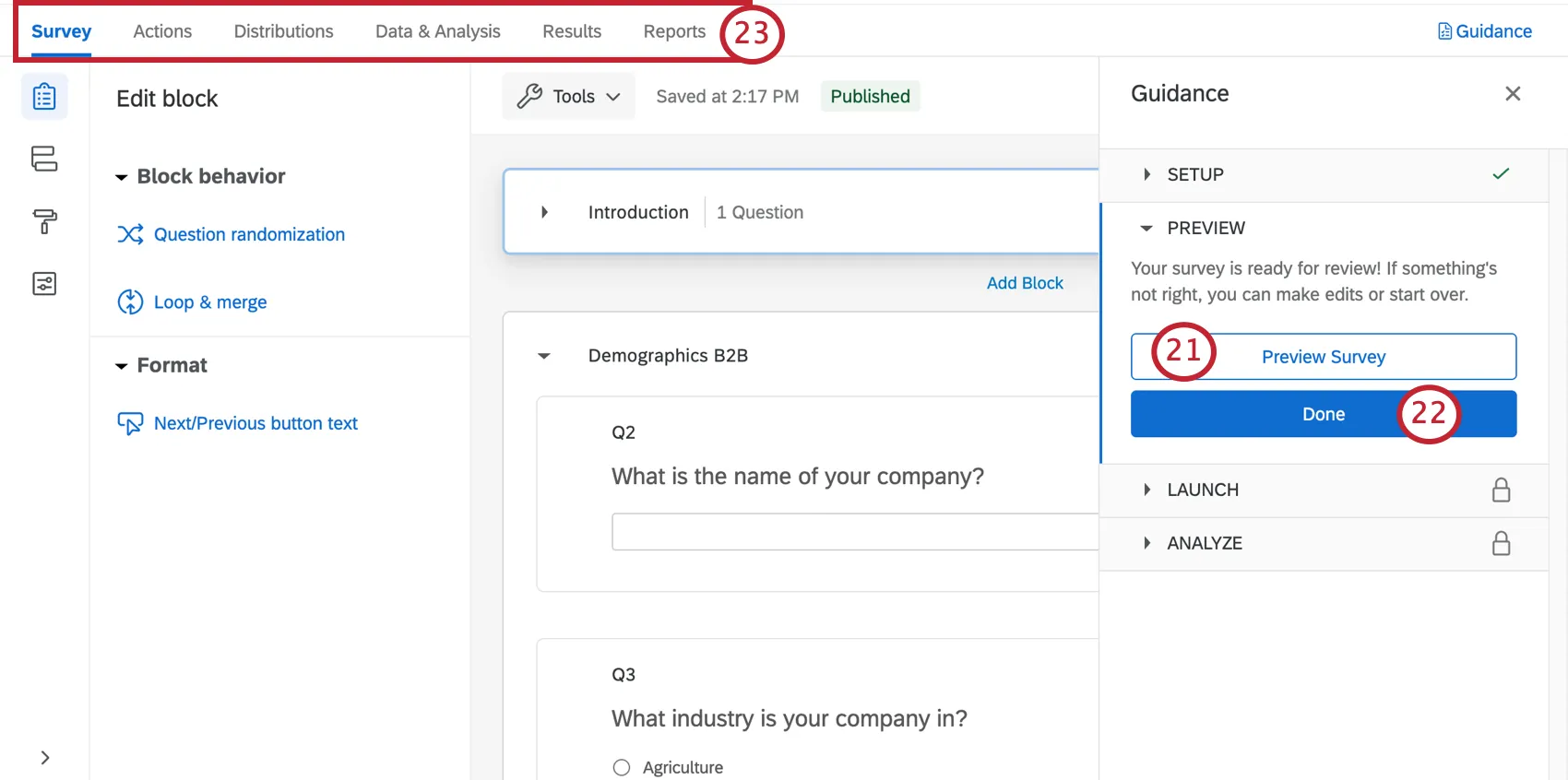 Survey builder open with a guidance sidebar to the right that takes you through key steps