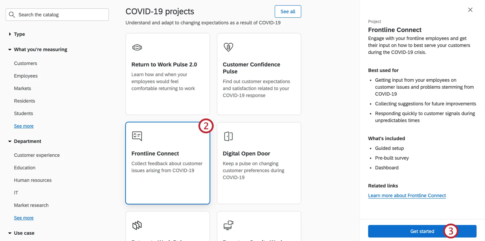 Image of catalog, selecting the described project, seeing a sidebar open on the right describing it, ending with a button to get started creating it